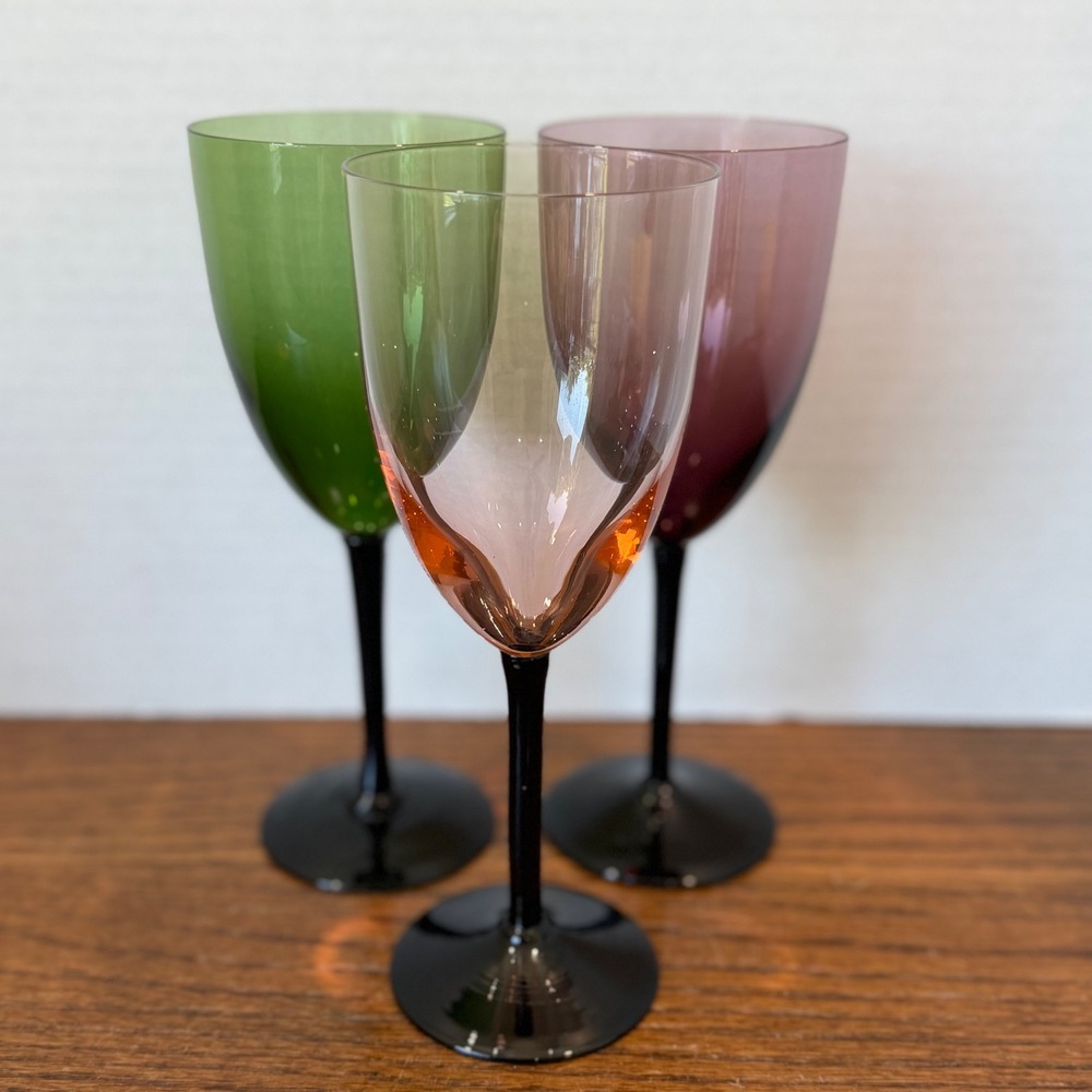 Vintage MCM Multi Color Wine Glasses Black Stems Set of 3 Green Pink Purple